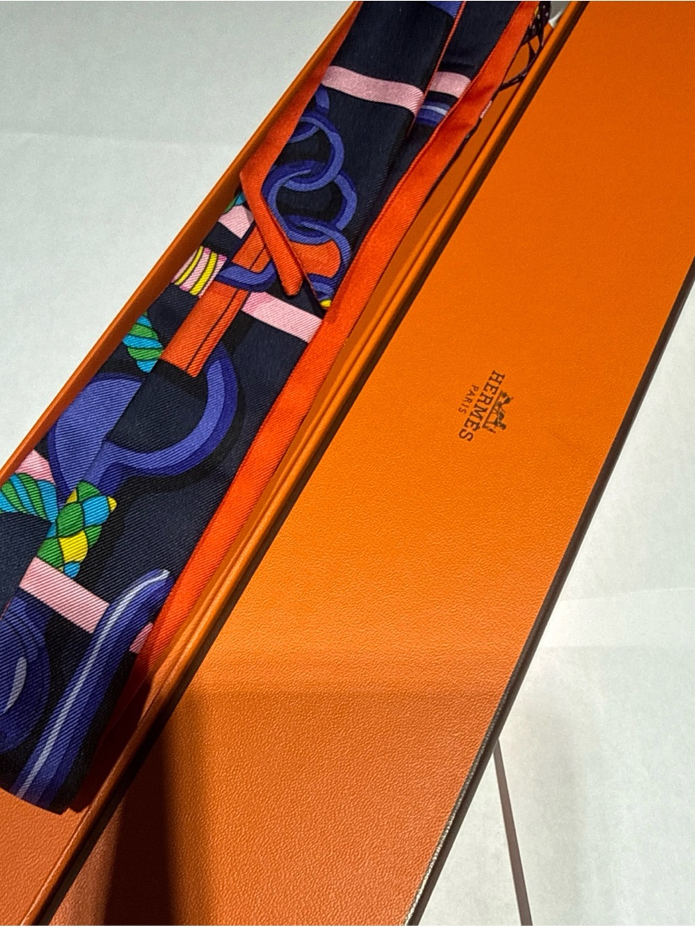 HERMES Twillon Scarf Silk Navy/Orange Original Box Great Gift